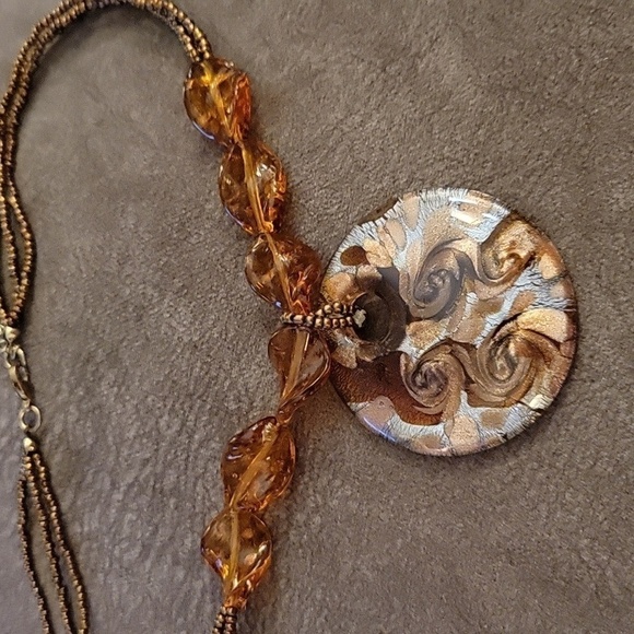 Vtg Bronze Beaded Handblown Glitter Glass Pendant Necklace - Picture 6 of 8